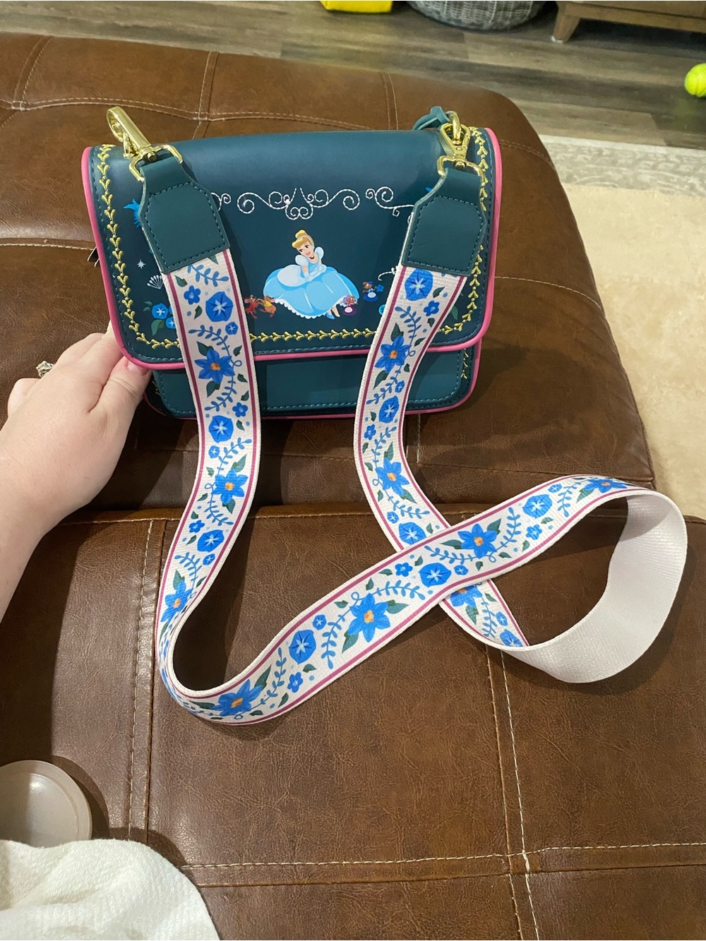 Loungefly Teal and Pink Cinderella Crossbody Bag with Floral Strap - Picture 3 of 7